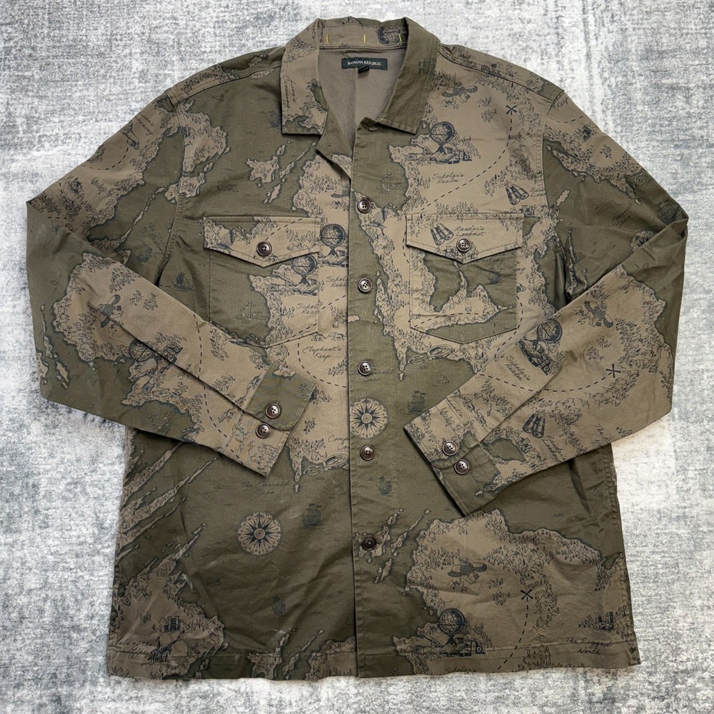 Banana Republic Shirt Jacket Men Large Green CPO Twill Shacket World Map Travel‎